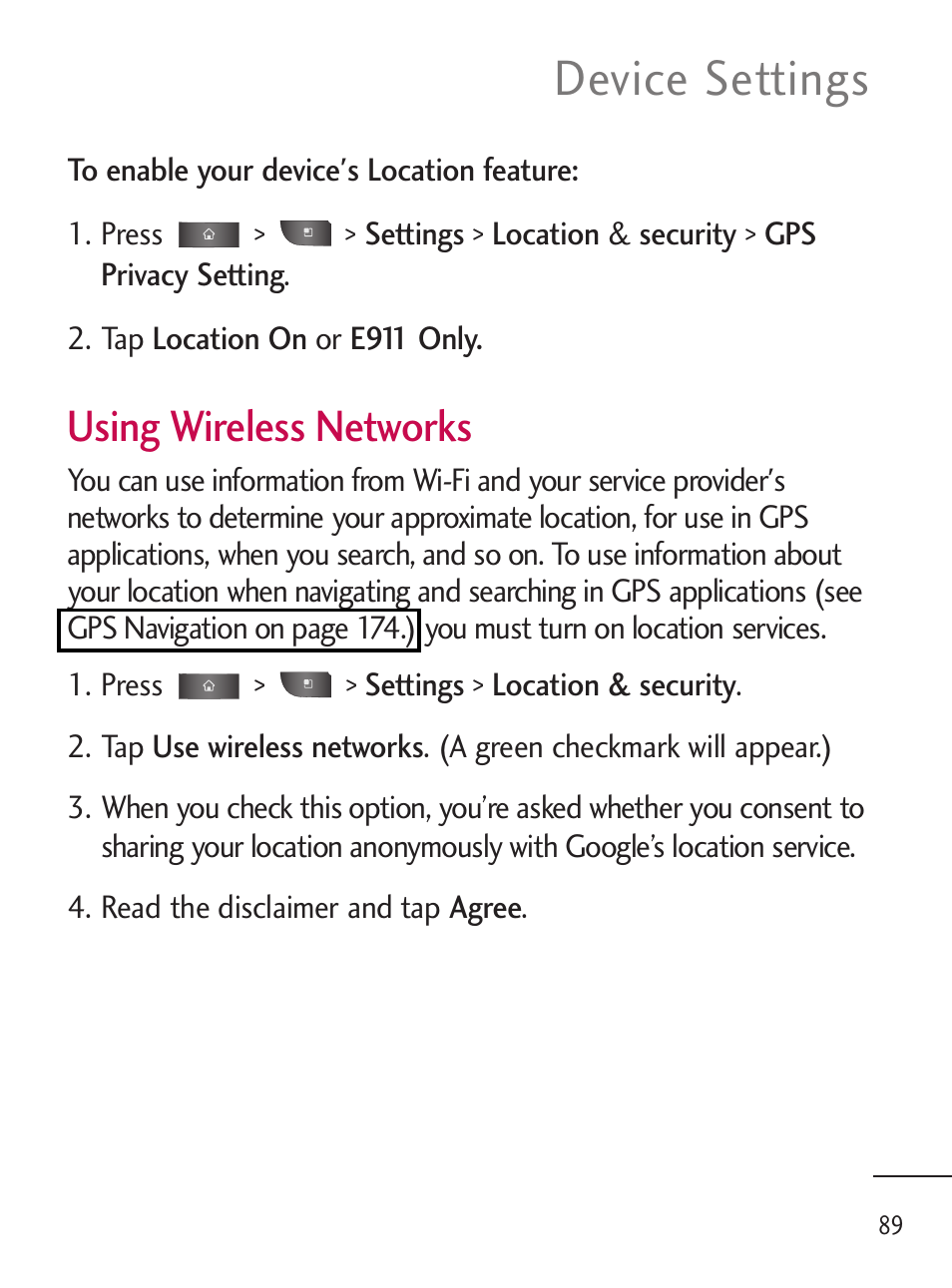 Device settings, Using wireless networks | LG LGL45C User Manual | Page 91 / 546