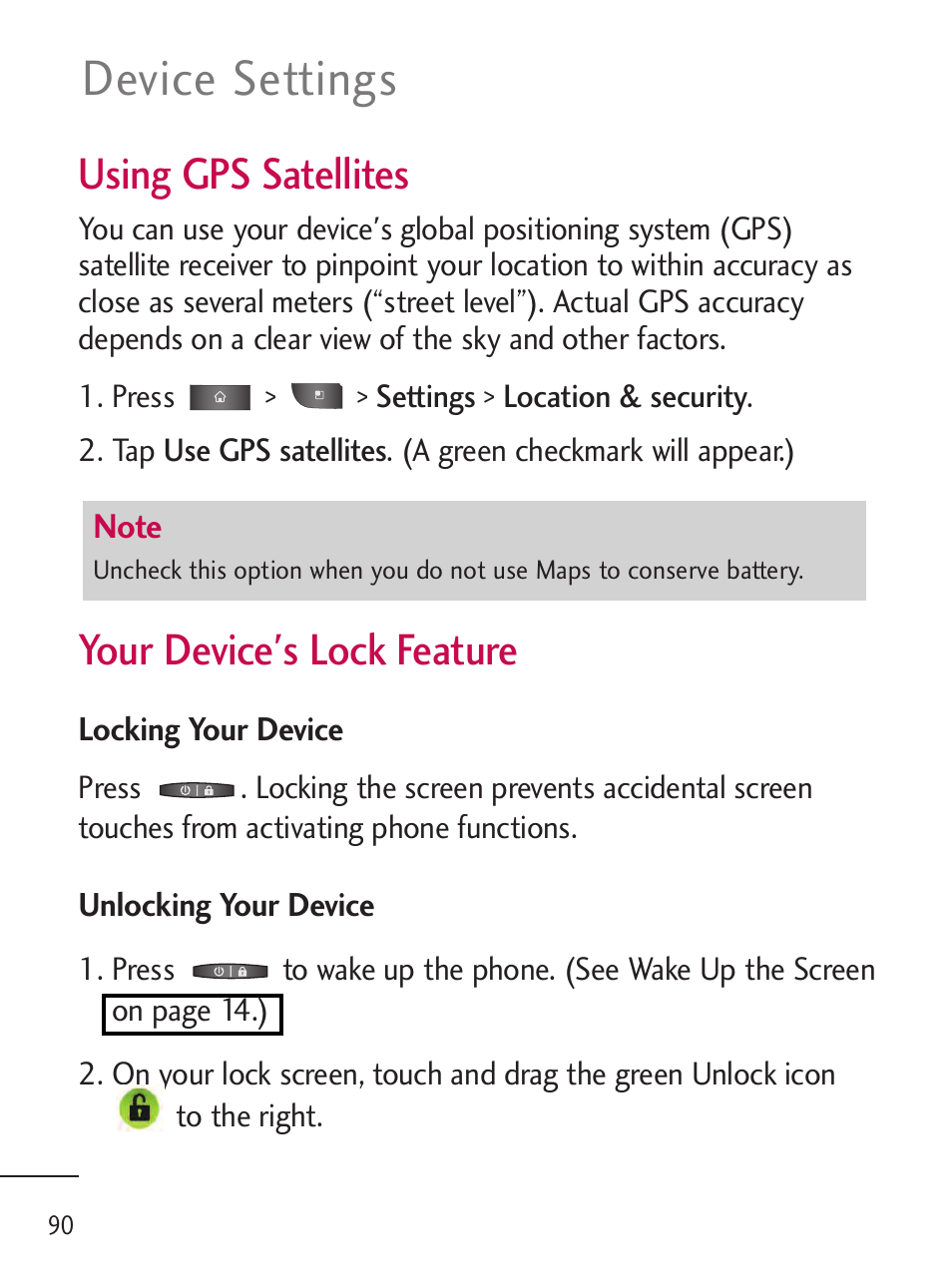 Device settings, Using gps satellites, Your device's lock feature | LG LGL45C User Manual | Page 92 / 546