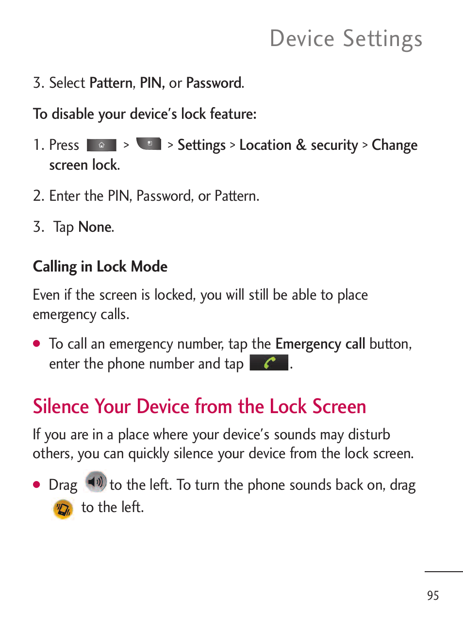 Device settings, Silence your device from the lock screen | LG LGL45C User Manual | Page 97 / 546