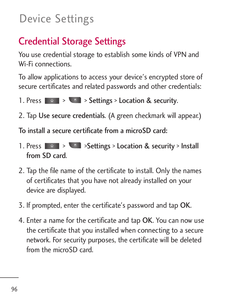 Device settings, Credential storage settings | LG LGL45C User Manual | Page 98 / 546