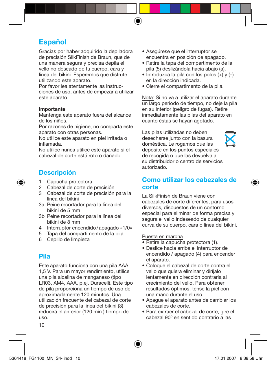 Español, Descripción, Pila | Como utilizar los cabezales de corte | Braun FG1100 Silk Epil User Manual | Page 10 / 70