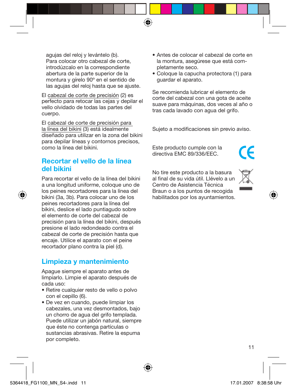 Recortar el vello de la línea del bikini, Limpieza y mantenimiento | Braun FG1100 Silk Epil User Manual | Page 11 / 70