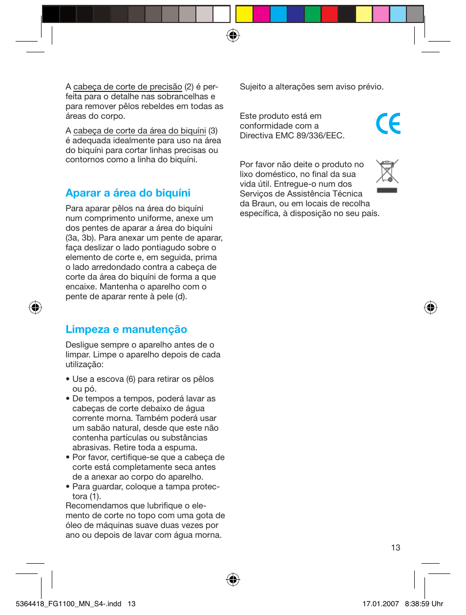 Aparar a área do biquíni, Limpeza e manutenção | Braun FG1100 Silk Epil User Manual | Page 13 / 70