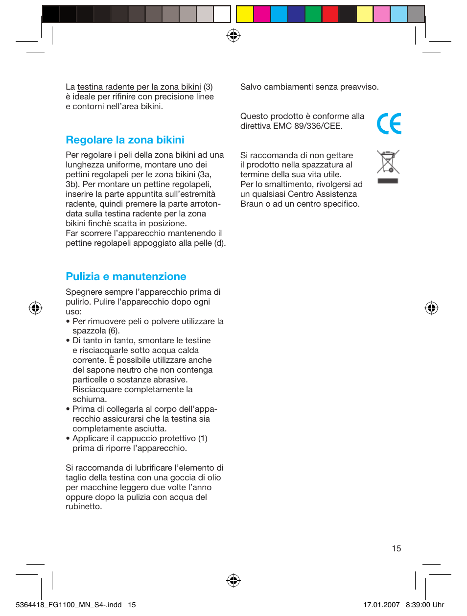 Regolare la zona bikini, Pulizia e manutenzione | Braun FG1100 Silk Epil User Manual | Page 15 / 70