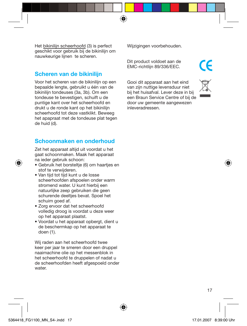 Scheren van de bikinilijn, Schoonmaken en onderhoud | Braun FG1100 Silk Epil User Manual | Page 17 / 70