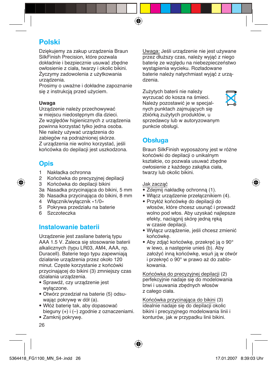 Polski, Opis, Instalowanie baterii | Obsługa | Braun FG1100 Silk Epil User Manual | Page 26 / 70