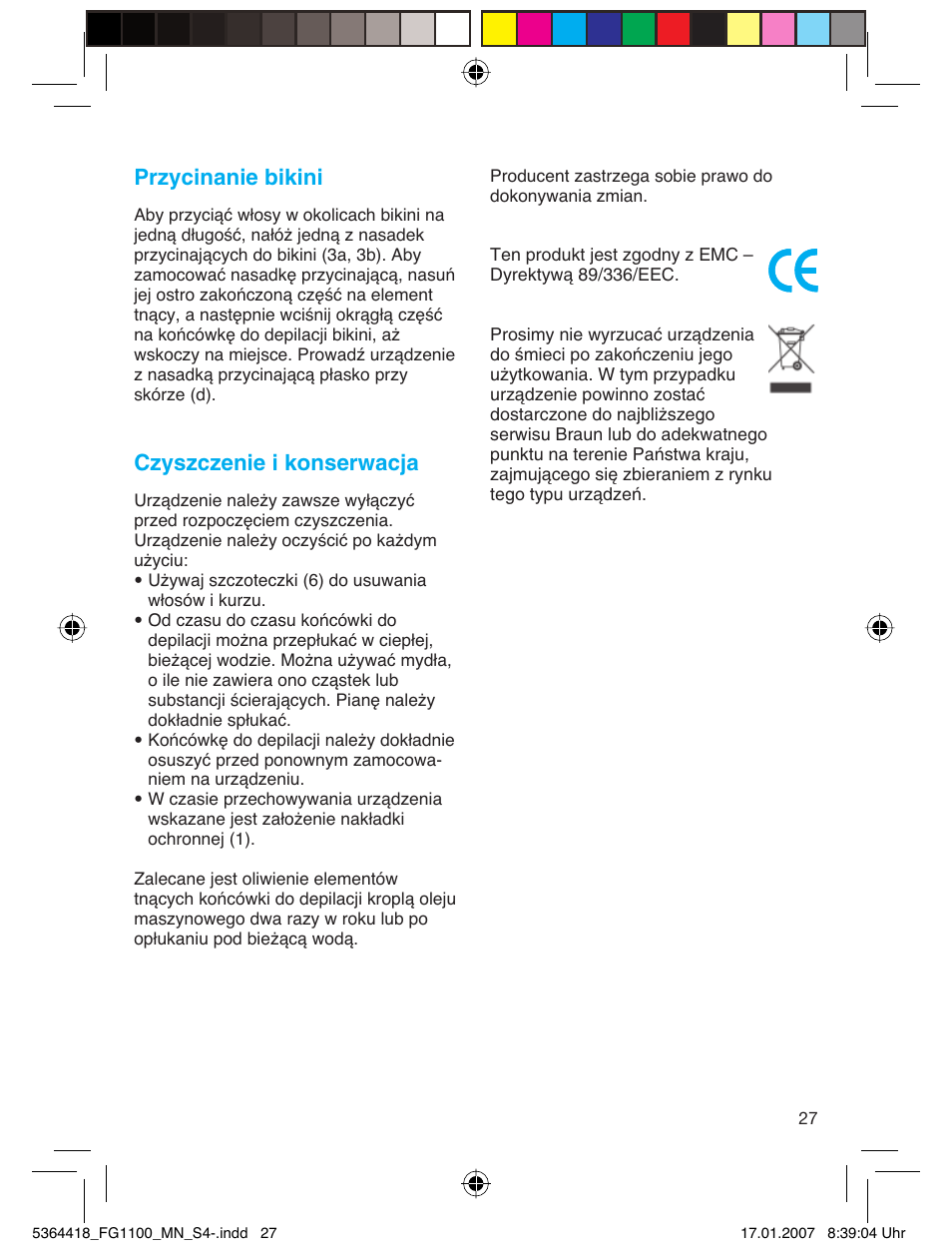 Przycinanie bikini, Czyszczenie i konserwacja | Braun FG1100 Silk Epil User Manual | Page 27 / 70