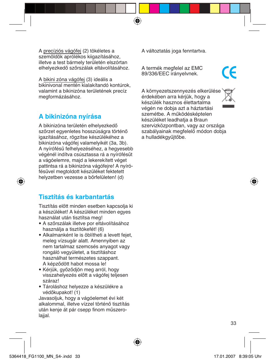 A bikinizóna nyírása, Tisztítás és karbantartás | Braun FG1100 Silk Epil User Manual | Page 33 / 70
