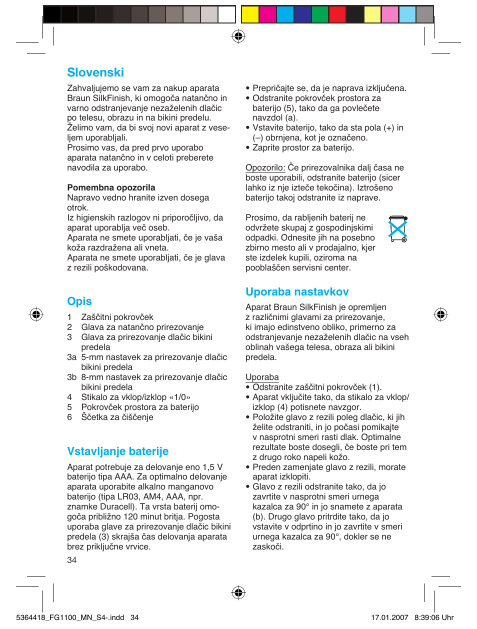 Slovenski, Opis, Vstavljanje baterije | Uporaba nastavkov | Braun FG1100 Silk Epil User Manual | Page 34 / 70