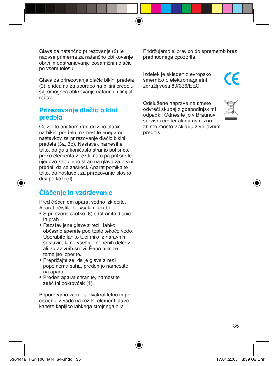 Prirezovanje dlačic bikini predela, Čiščenje in vzdrževanje | Braun FG1100 Silk Epil User Manual | Page 35 / 70