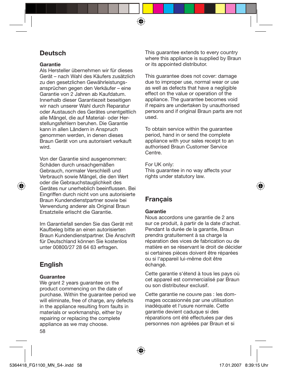 Deutsch, English, Français | Braun FG1100 Silk Epil User Manual | Page 58 / 70