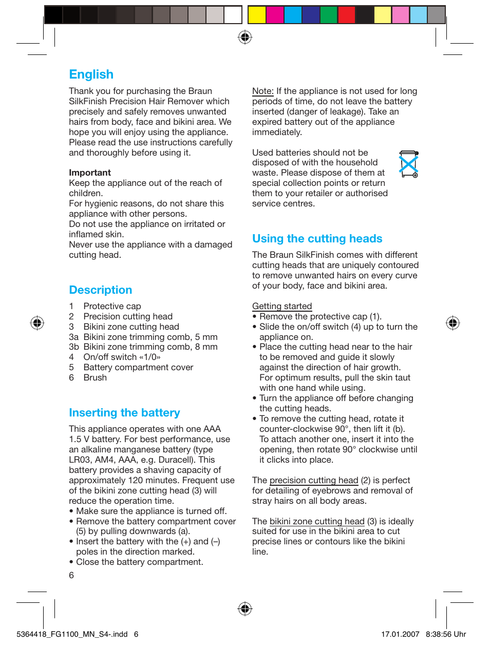 English, Description, Inserting the battery | Using the cutting heads | Braun FG1100 Silk Epil User Manual | Page 6 / 70