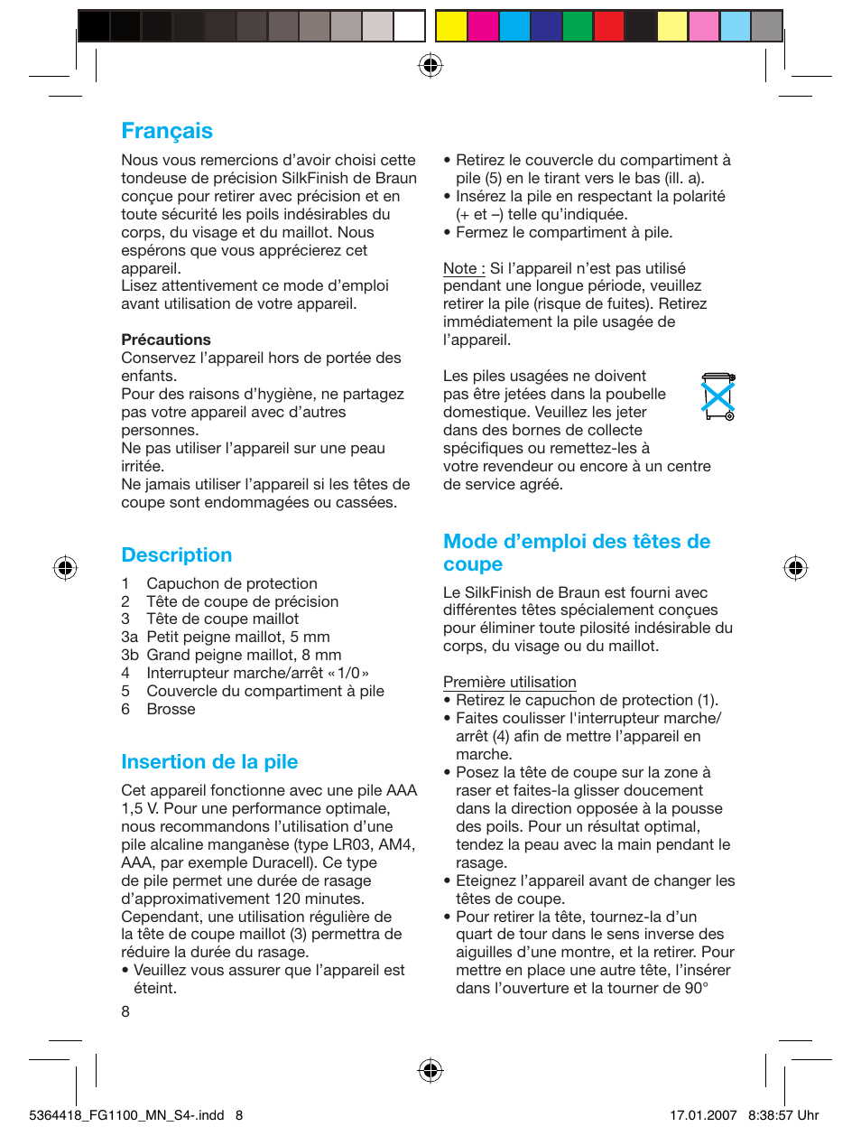 Français, Description, Insertion de la pile | Mode d’emploi des têtes de coupe | Braun FG1100 Silk Epil User Manual | Page 8 / 70