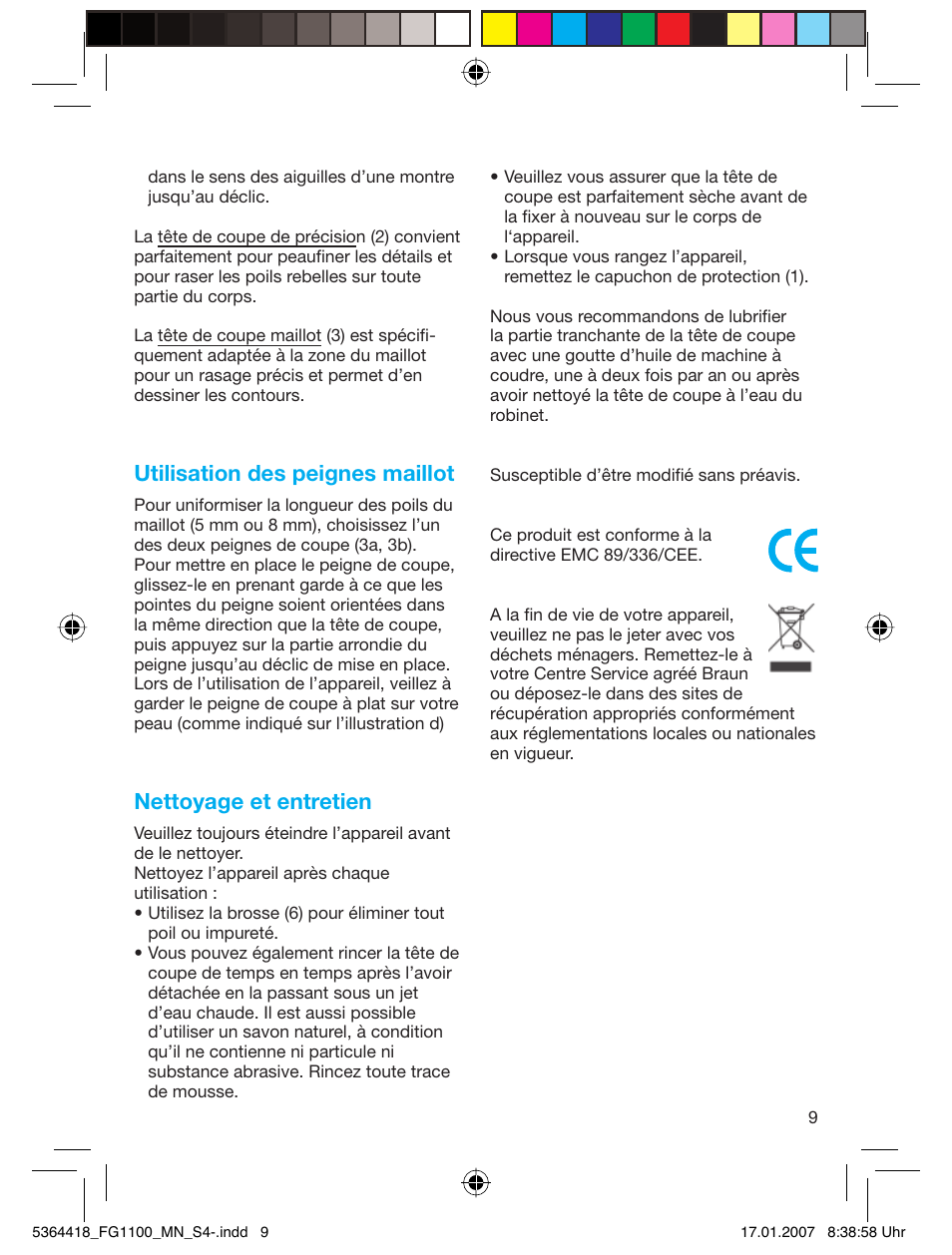 Utilisation des peignes maillot, Nettoyage et entretien | Braun FG1100 Silk Epil User Manual | Page 9 / 70