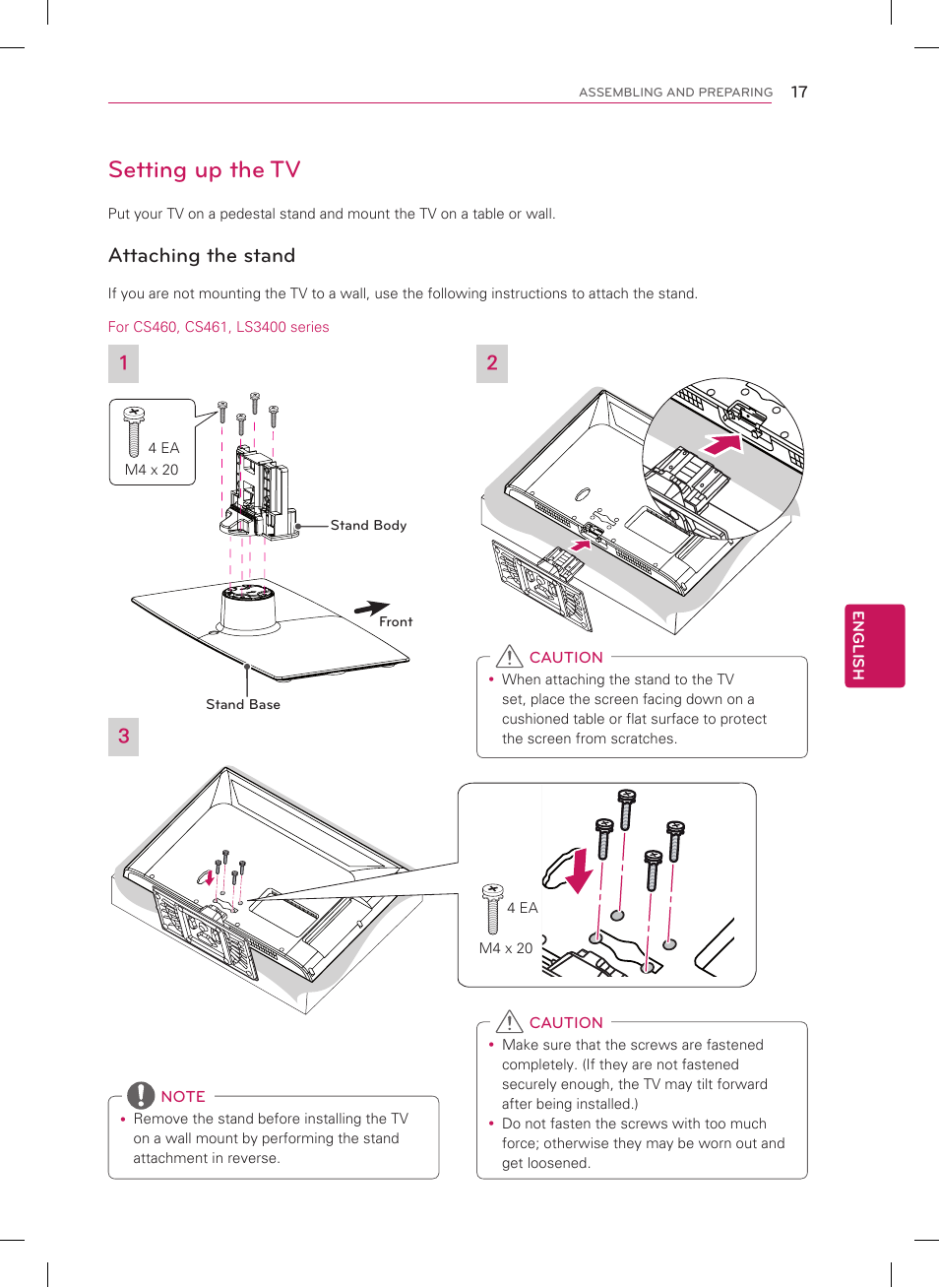 Setting up the tv, Attaching the stand | LG 22LS3500 User Manual | Page 17 / 40