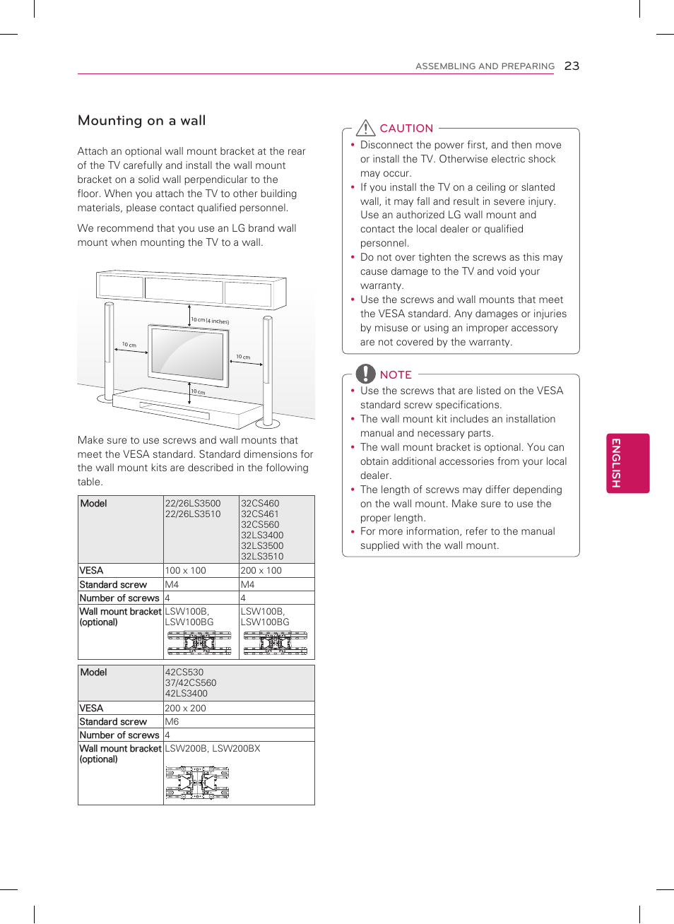 Mounting on a wall | LG 22LS3500 User Manual | Page 23 / 40