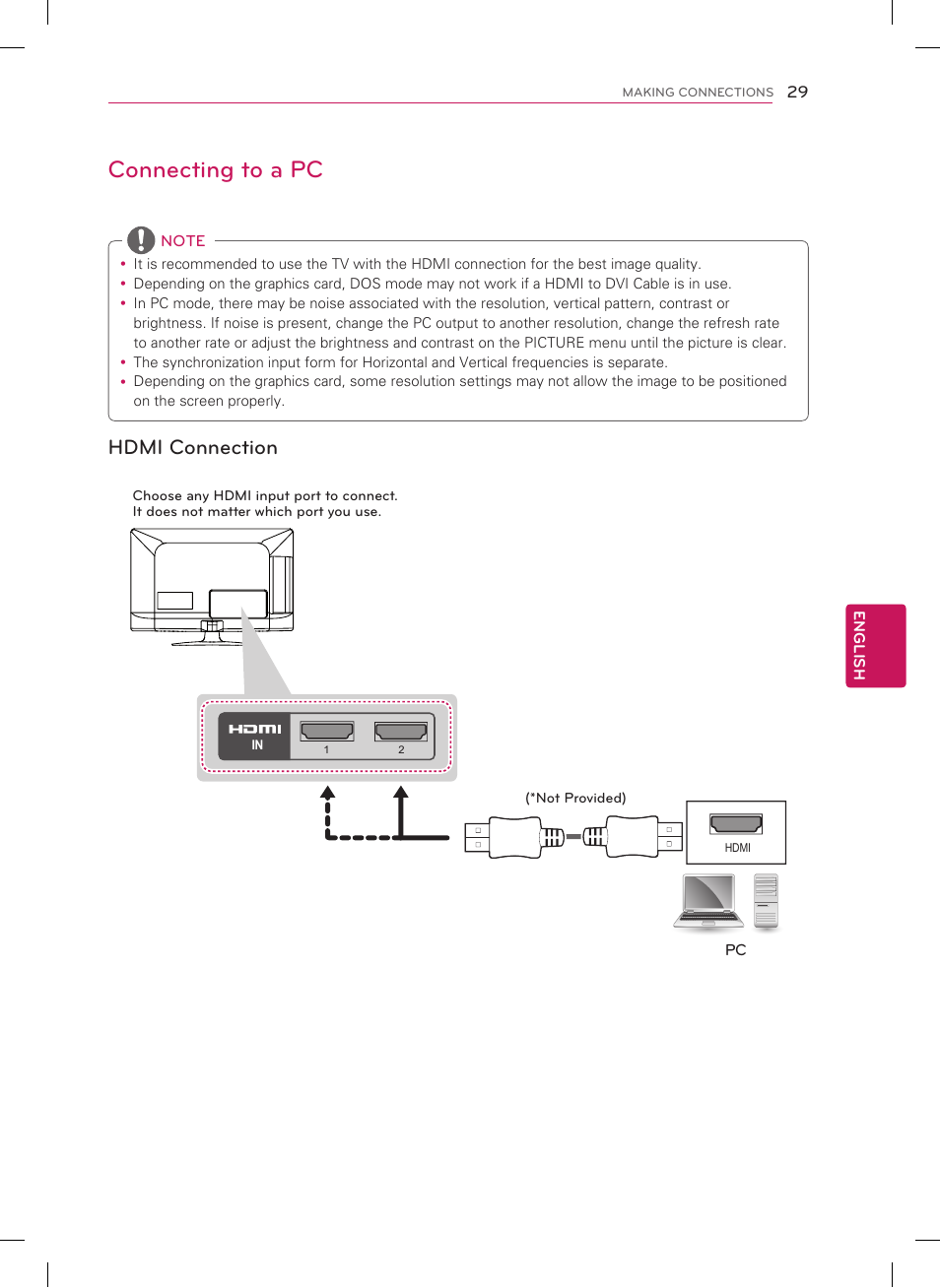 Connecting to a pc, Hdmi connection | LG 22LS3500 User Manual | Page 29 / 40