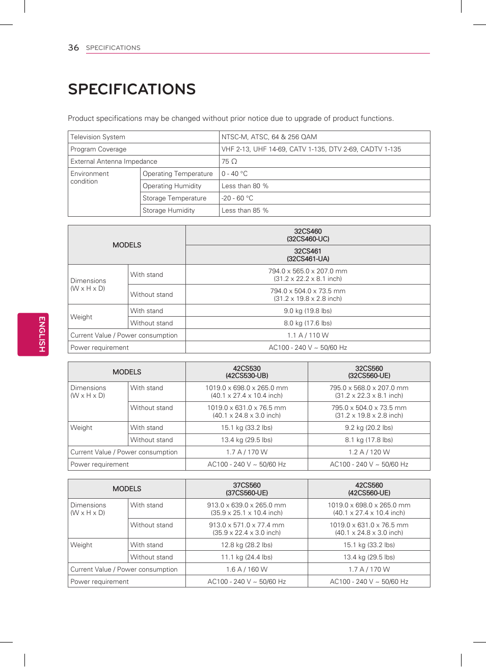 Specifications | LG 22LS3500 User Manual | Page 36 / 40