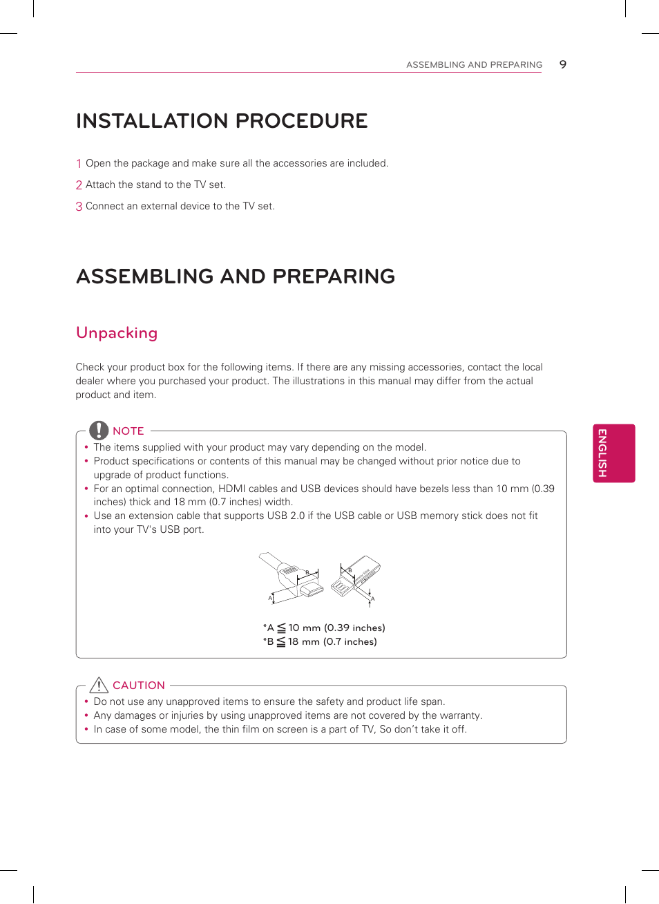 Installation procedure, Assembling and preparing, Unpacking | LG 22LS3500 User Manual | Page 9 / 40