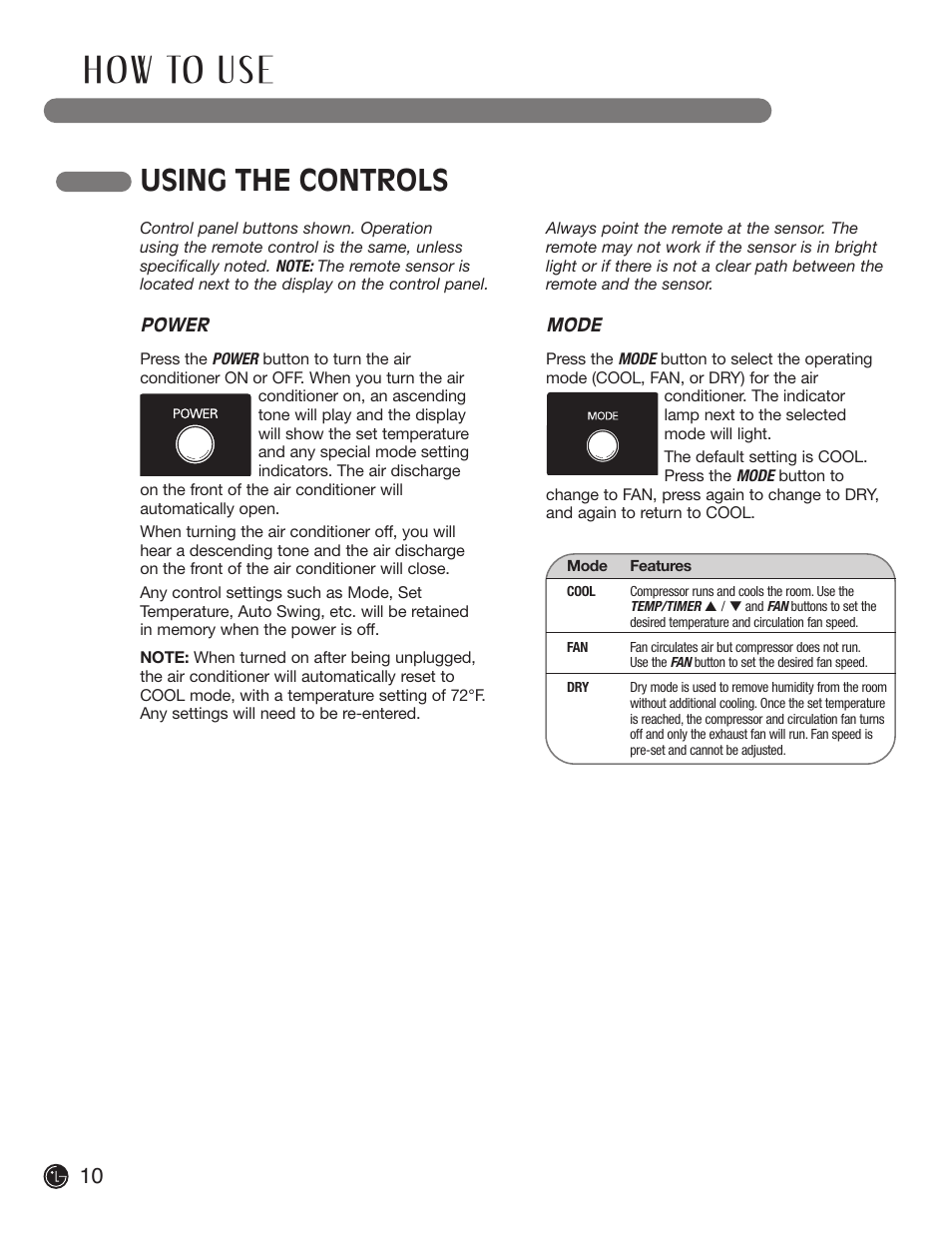 H ow to u s e, Using the controls | LG LP1200DXR User Manual | Page 10 / 26