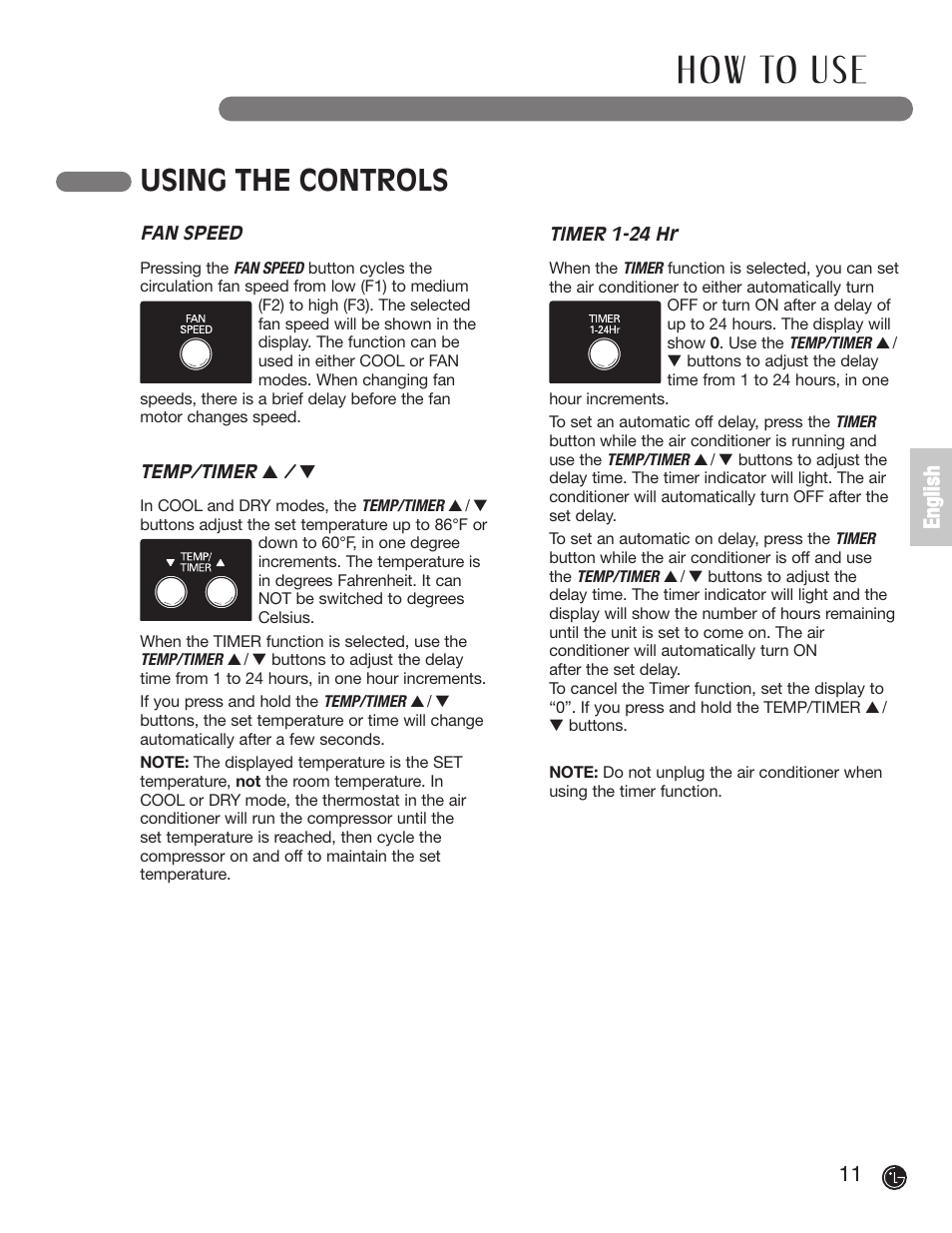 H ow to u s e, Using the controls | LG LP1200DXR User Manual | Page 11 / 26