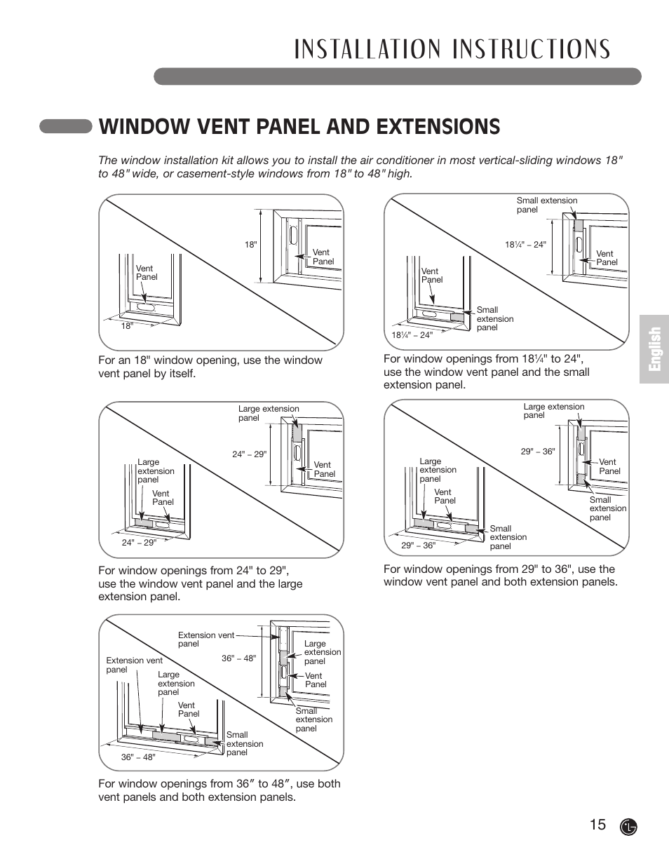 Window vent panel and extensions, 15 e n g li s h | LG LP1200DXR User Manual | Page 15 / 26