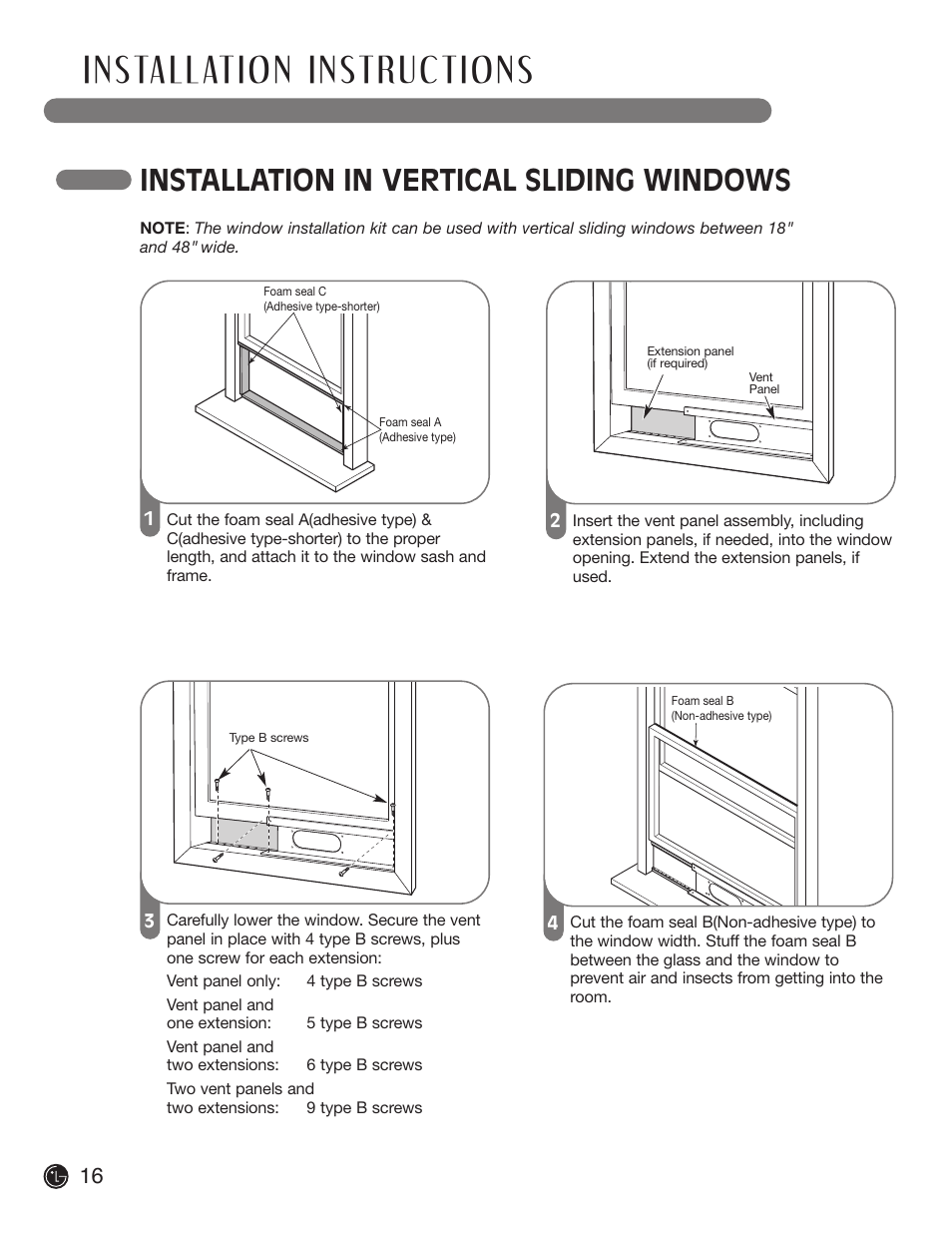 Installation in vertical sliding windows | LG LP1200DXR User Manual | Page 16 / 26