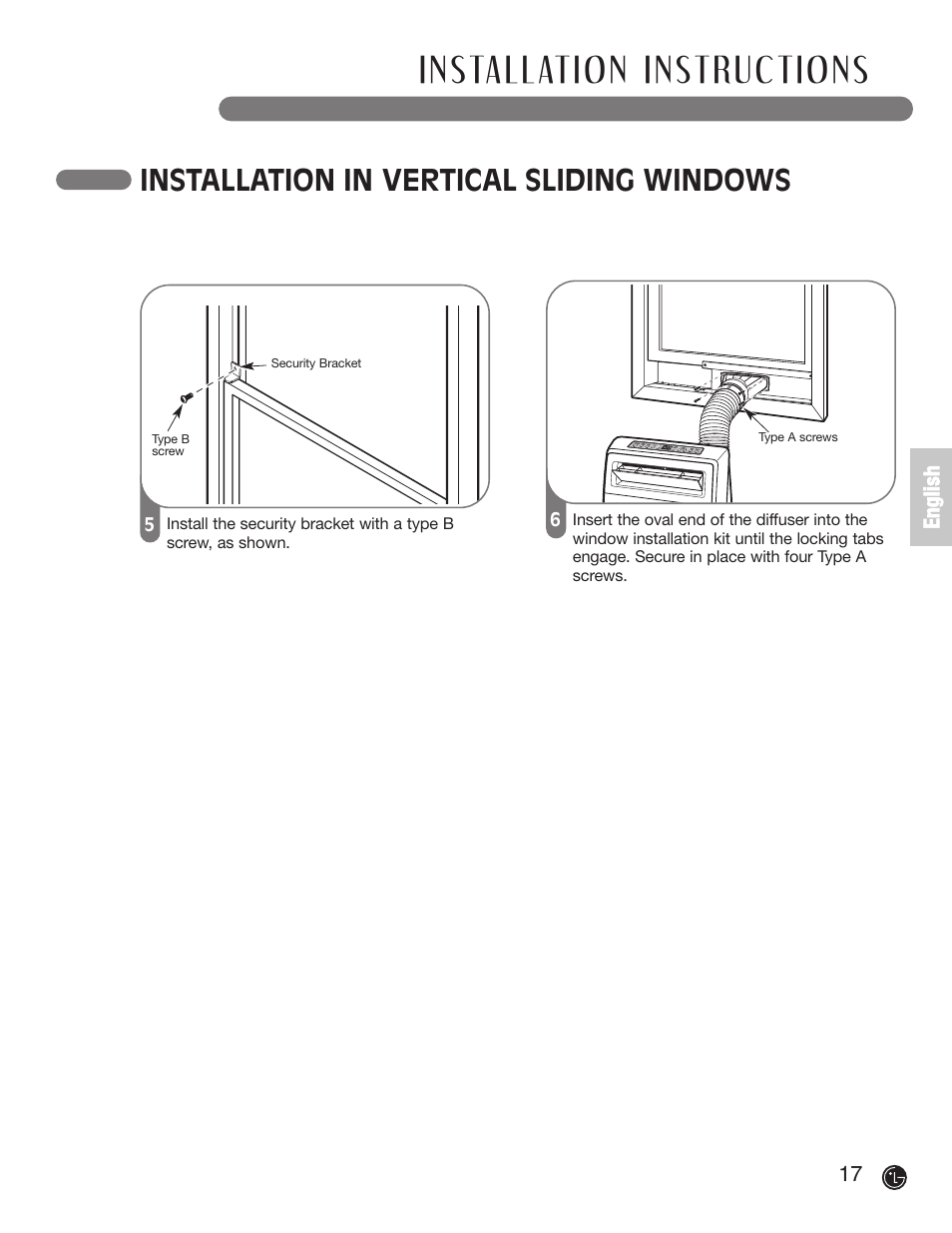 Installation in vertical sliding windows | LG LP1200DXR User Manual | Page 17 / 26