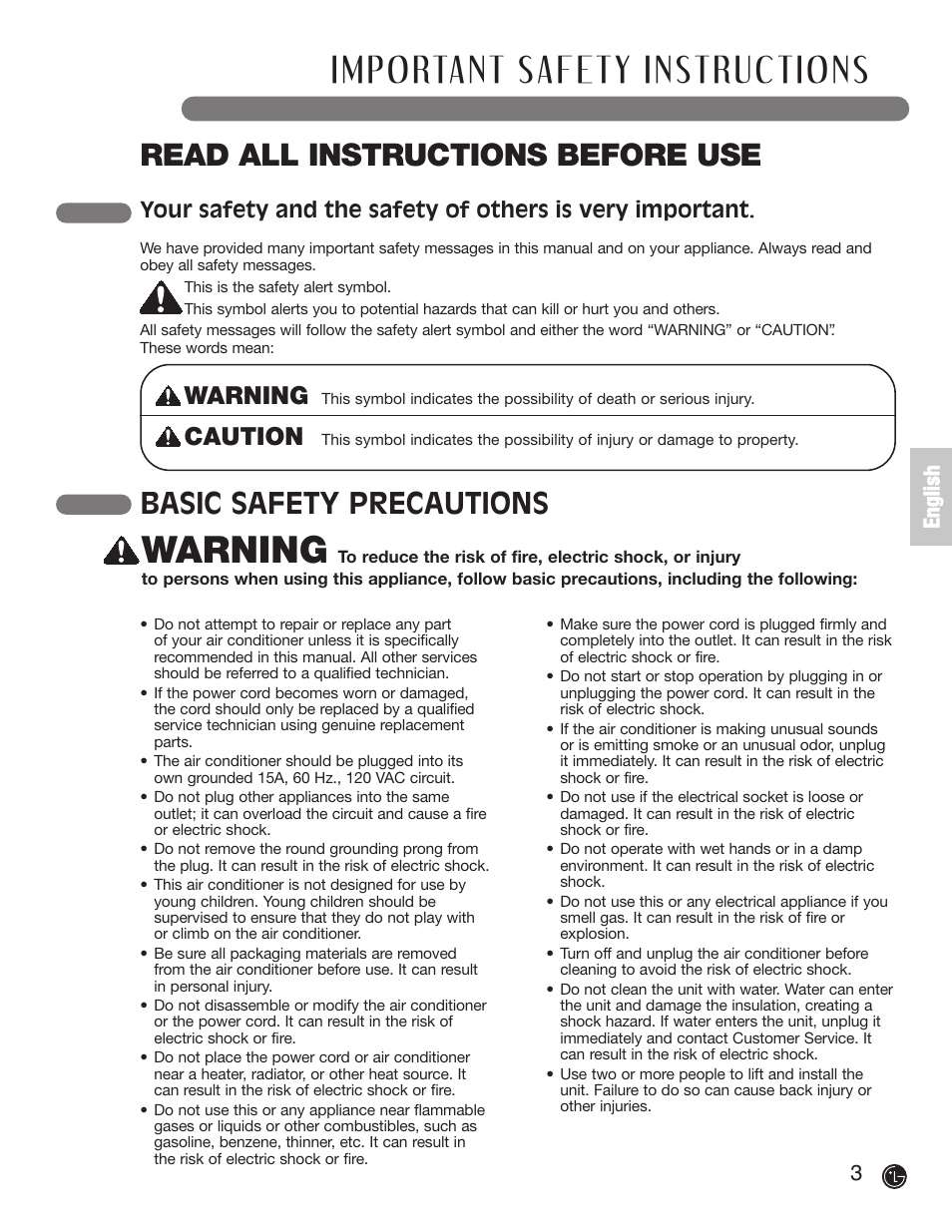 Read all instructions before use, Basic safety precautions, Warning | Caution, 3e n g li s h | LG LP1200DXR User Manual | Page 3 / 26