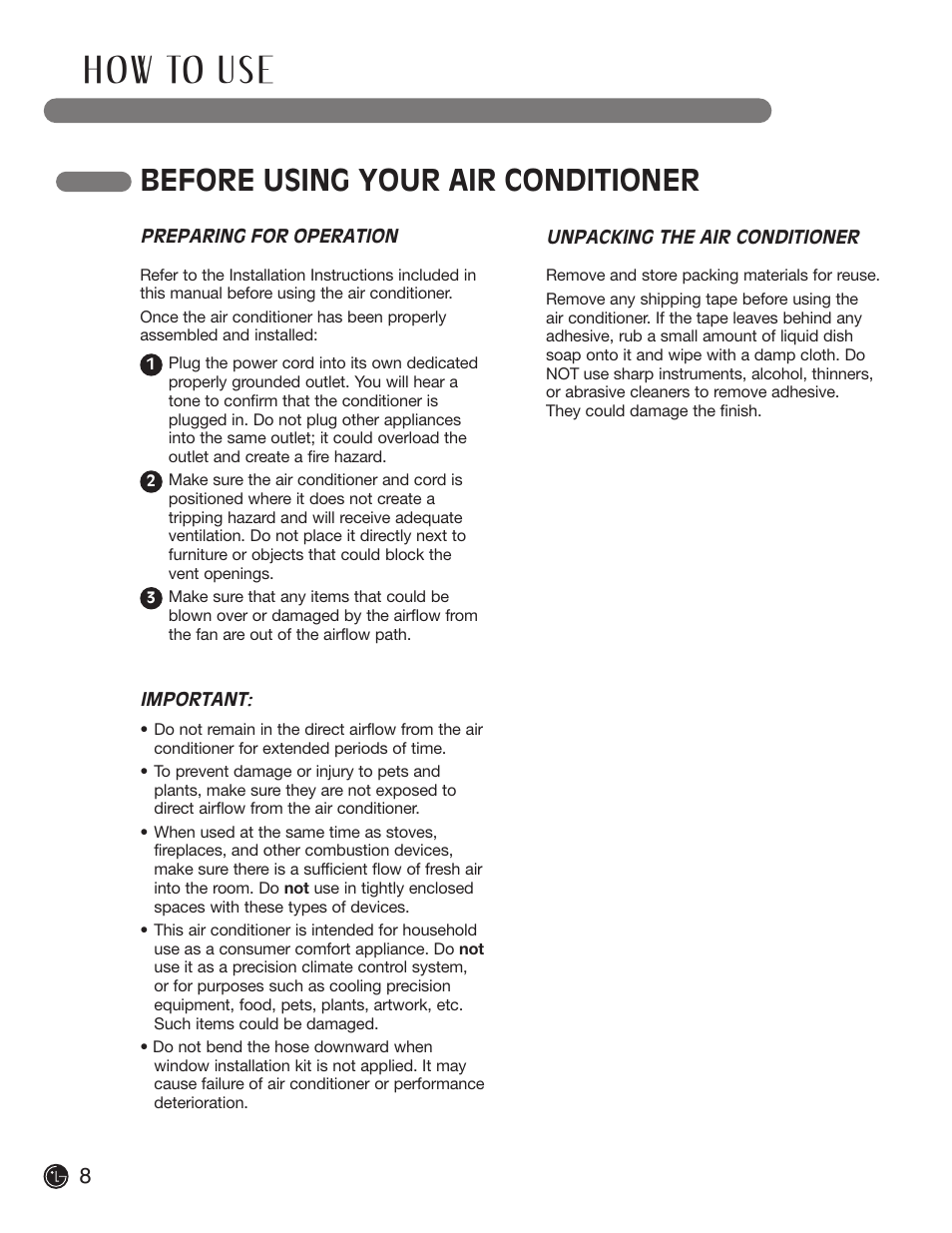H ow to u s e, Before using your air conditioner | LG LP1200DXR User Manual | Page 8 / 26