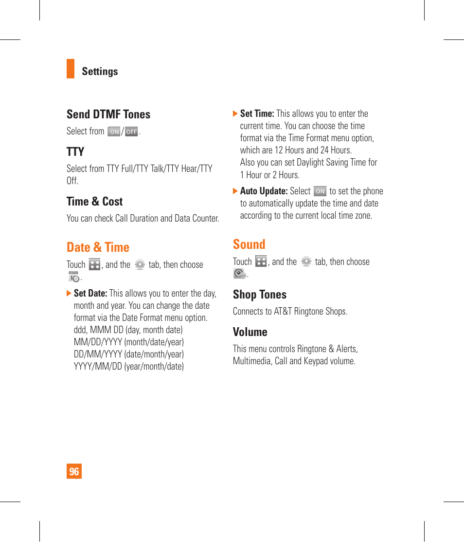 Date & time, Sound, Send dtmf tones | Time & cost, Shop tones, Volume | LG GR500A User Manual | Page 100 / 298