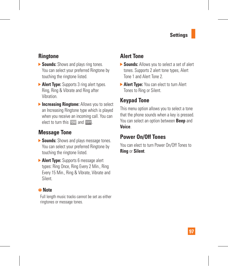 Ringtone, Message tone, Alert tone | Keypad tone, Power on/off tones | LG GR500A User Manual | Page 101 / 298