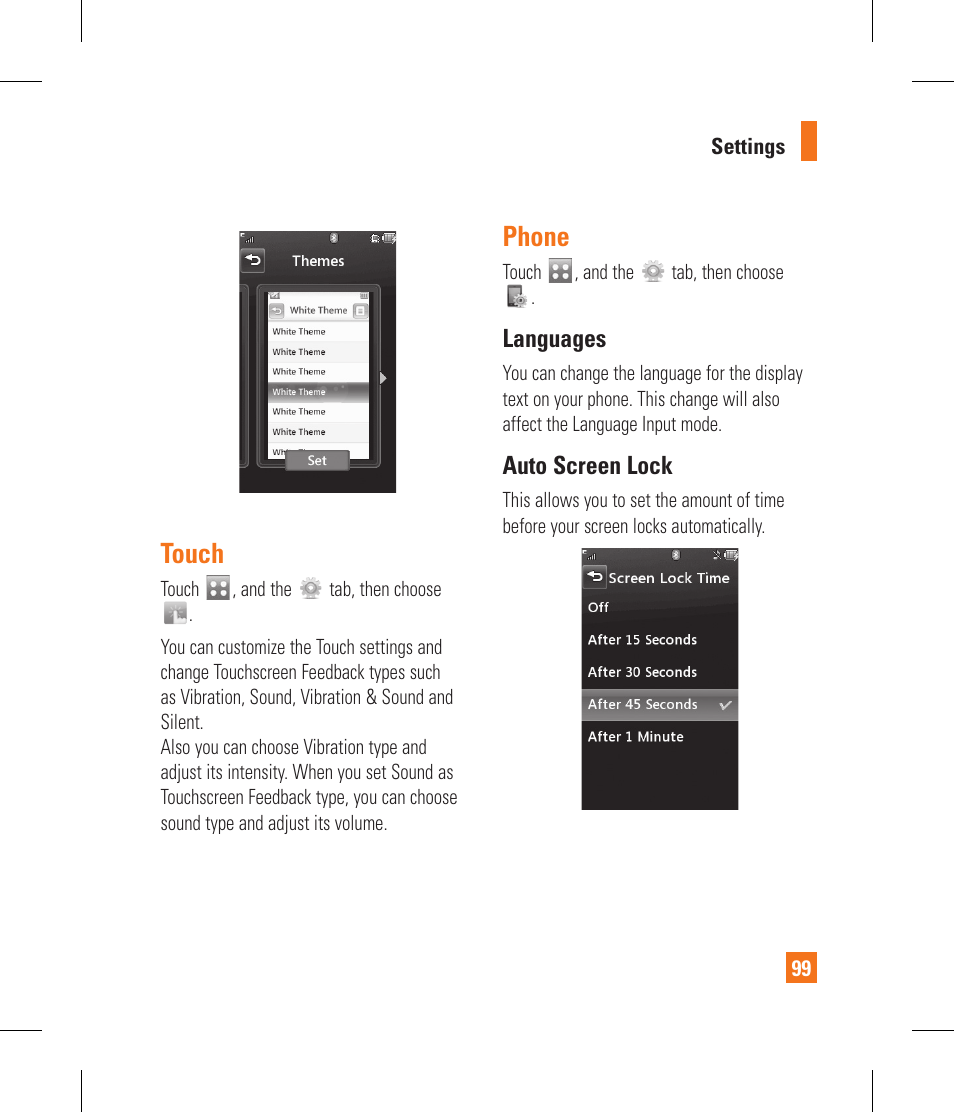 Touch, Phone | LG GR500A User Manual | Page 103 / 298