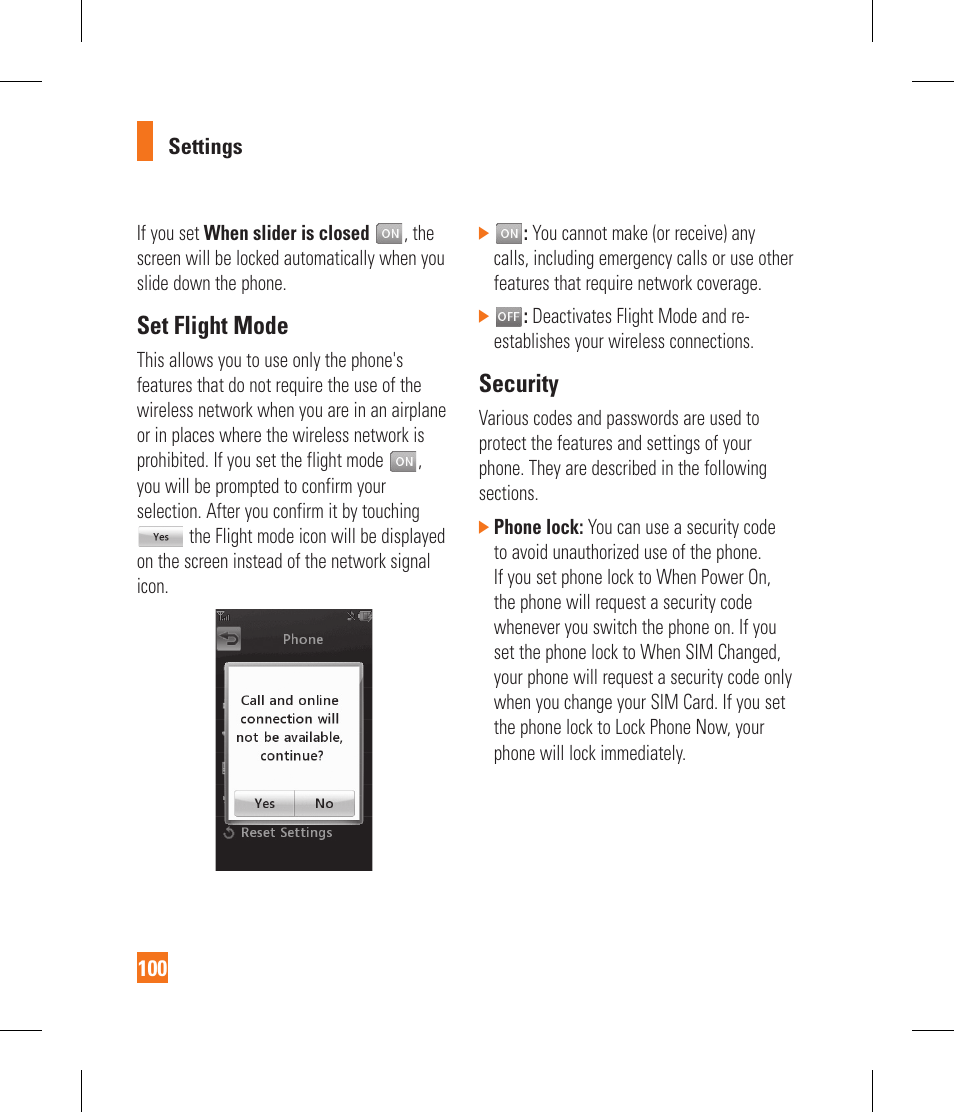 Set flight mode, Security | LG GR500A User Manual | Page 104 / 298