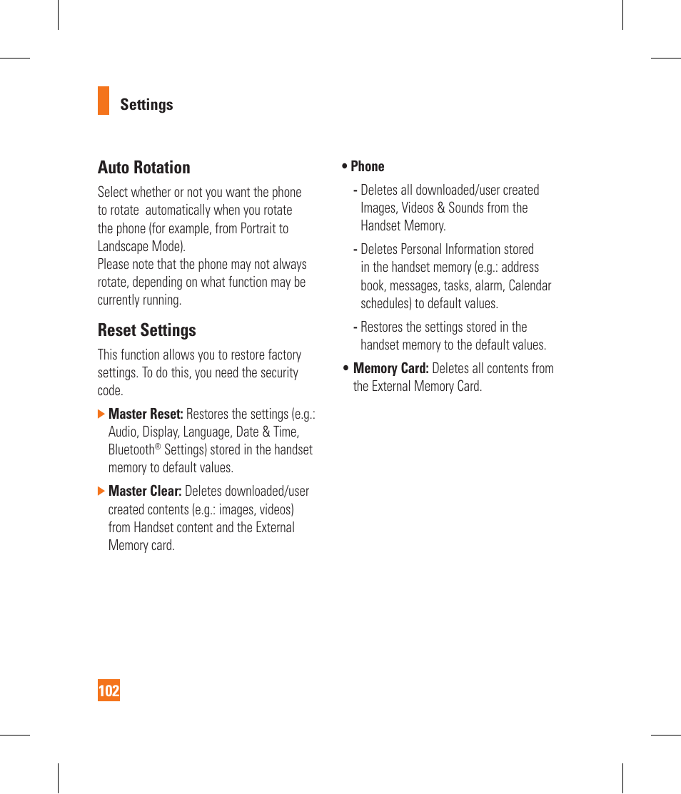 Auto rotation, Reset settings | LG GR500A User Manual | Page 106 / 298
