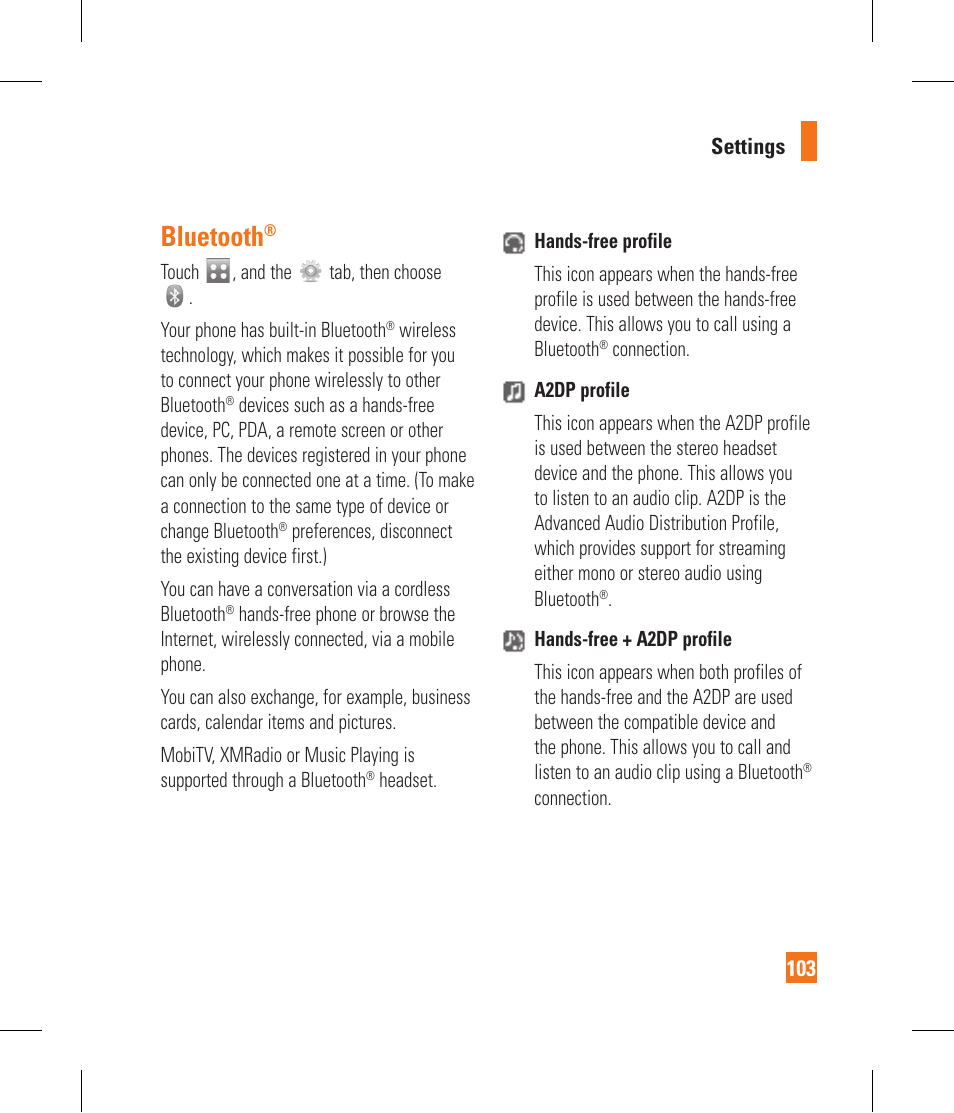 Bluetooth, Settings 103 | LG GR500A User Manual | Page 107 / 298