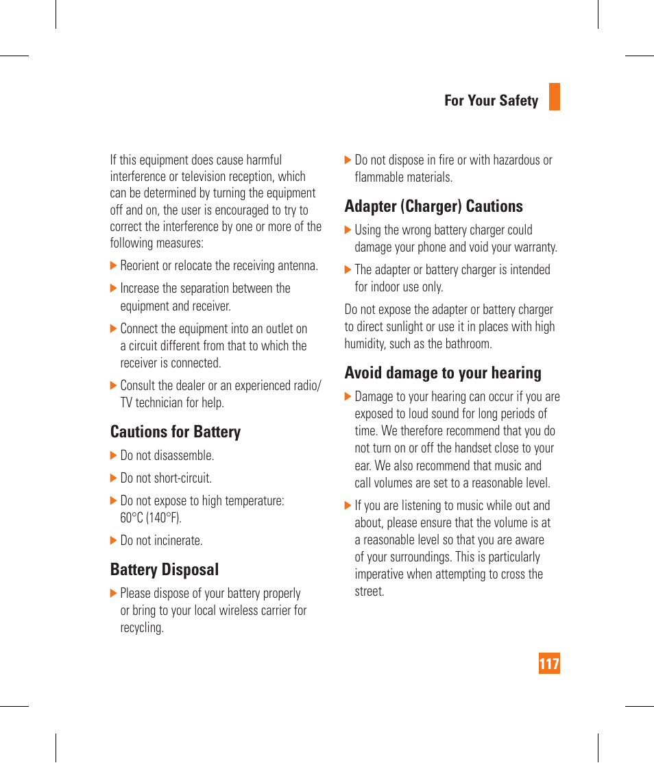 Cautions for battery, Battery disposal, Adapter (charger) cautions | Avoid damage to your hearing | LG GR500A User Manual | Page 121 / 298