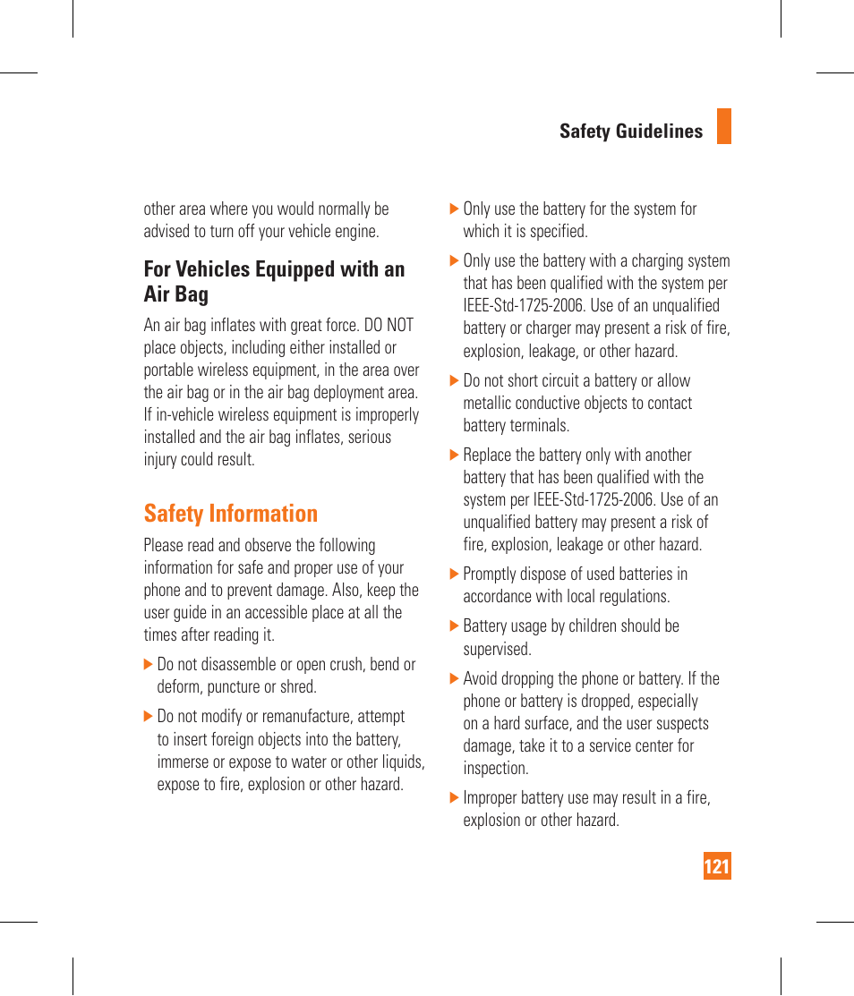 Safety information, For vehicles equipped with an air bag | LG GR500A User Manual | Page 125 / 298