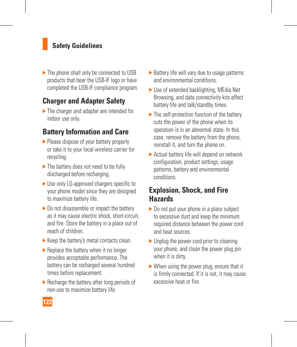 Charger and adapter safety, Battery information and care, Explosion, shock, and fire hazards | LG GR500A User Manual | Page 126 / 298