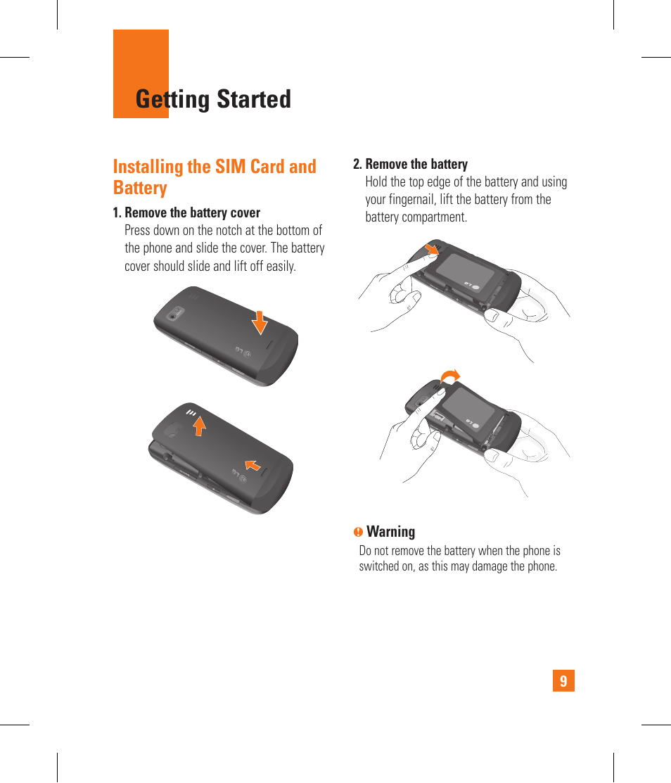 Getting started, Installing the sim card and battery | LG GR500A User Manual | Page 13 / 298