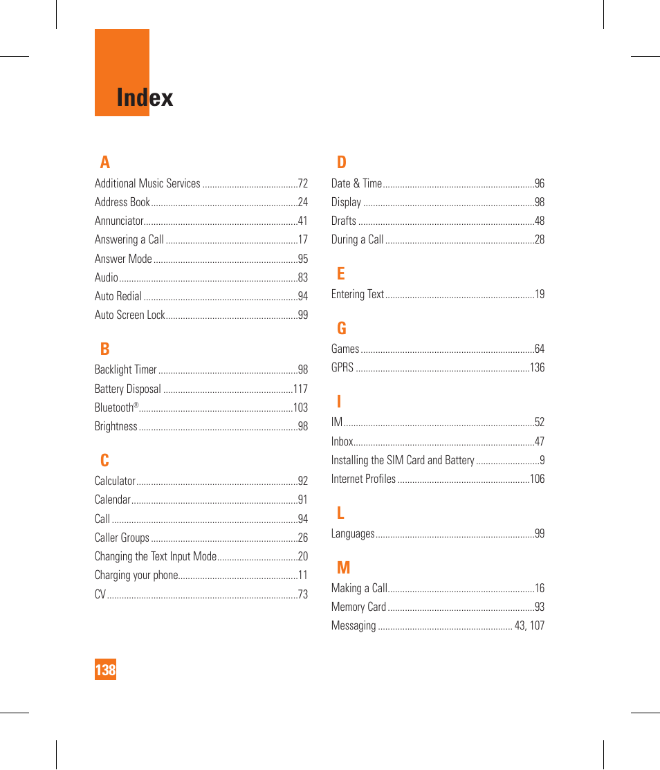 Index | LG GR500A User Manual | Page 142 / 298