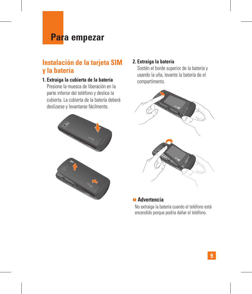 Para empezar, Instalación de la tarjeta sim y la batería | LG GR500A User Manual | Page 157 / 298