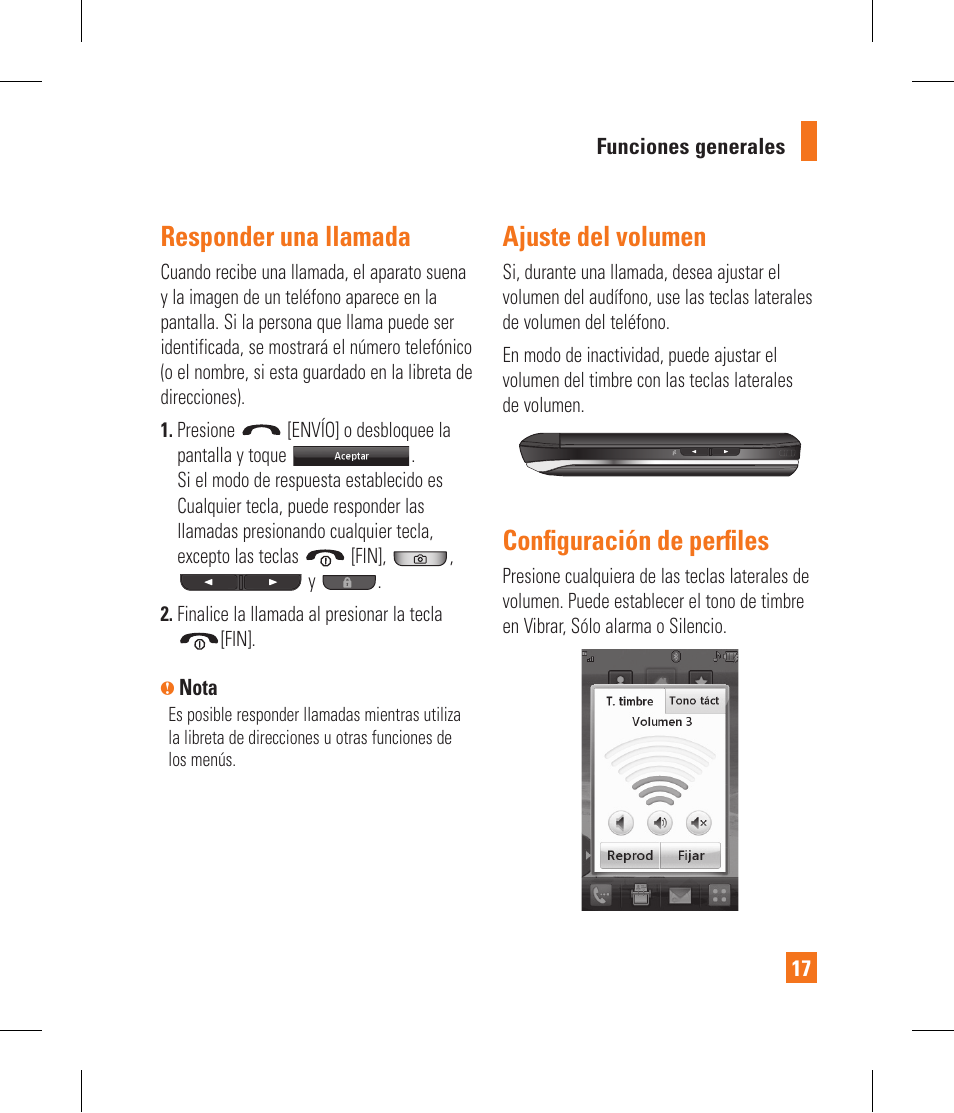 Responder una llamada, Ajuste del volumen, Confi guración de perfi les | LG GR500A User Manual | Page 165 / 298