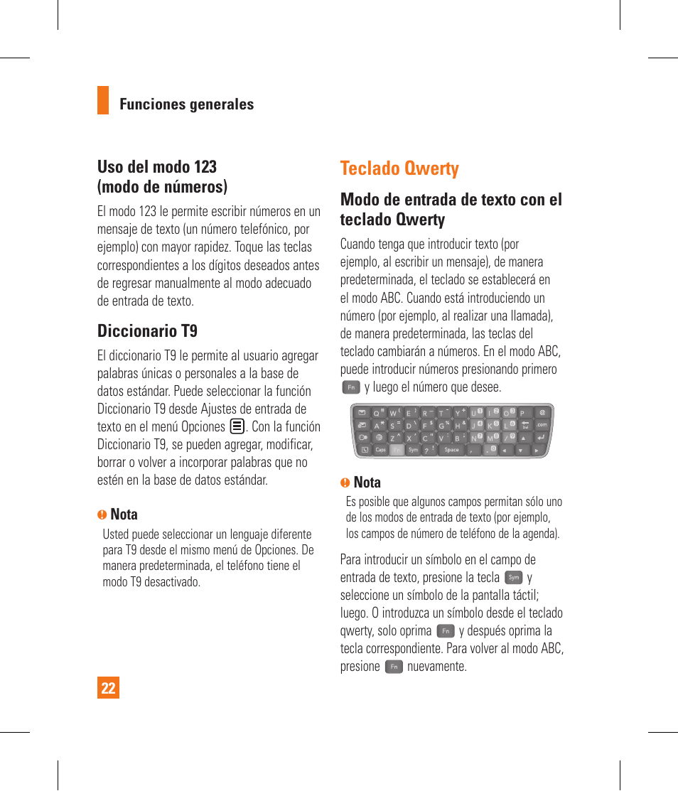 Teclado qwerty, Uso del modo 123 (modo de números), Diccionario t9 | Modo de entrada de texto con el teclado qwerty | LG GR500A User Manual | Page 170 / 298