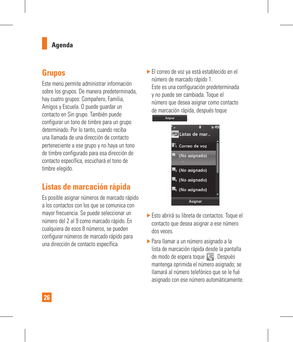 Grupos, Listas de marcación rápida | LG GR500A User Manual | Page 174 / 298