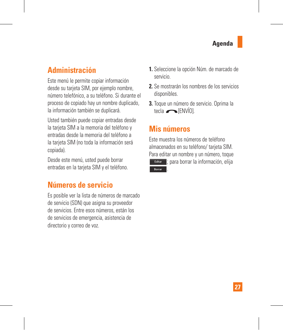 Administración, Números de servicio, Mis números | LG GR500A User Manual | Page 175 / 298