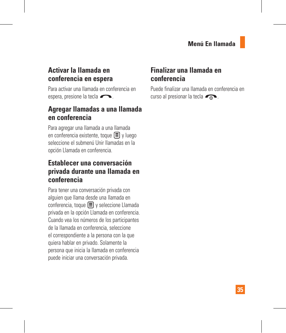 Activar la llamada en conferencia en espera, Agregar llamadas a una llamada en conferencia, Finalizar una llamada en conferencia | LG GR500A User Manual | Page 183 / 298