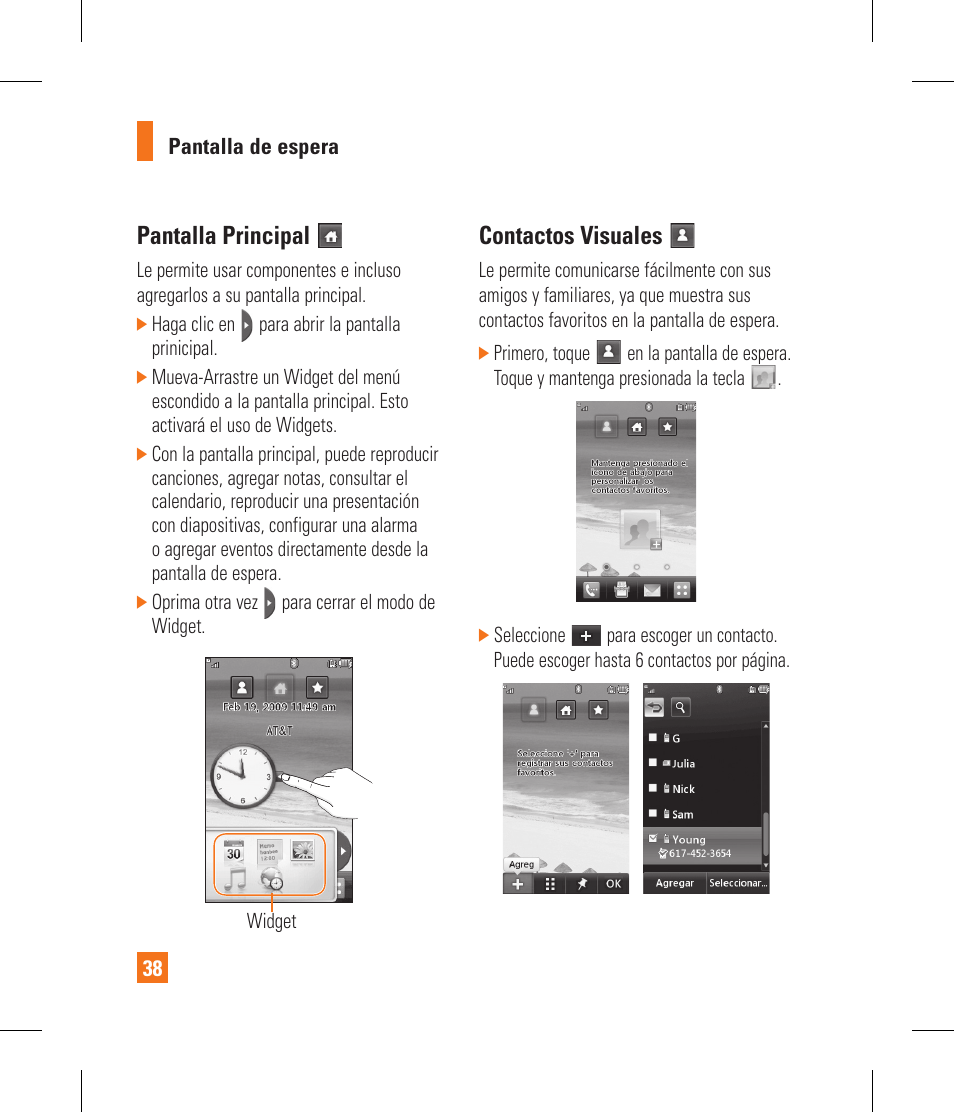 Pantalla principal, Contactos visuales | LG GR500A User Manual | Page 186 / 298