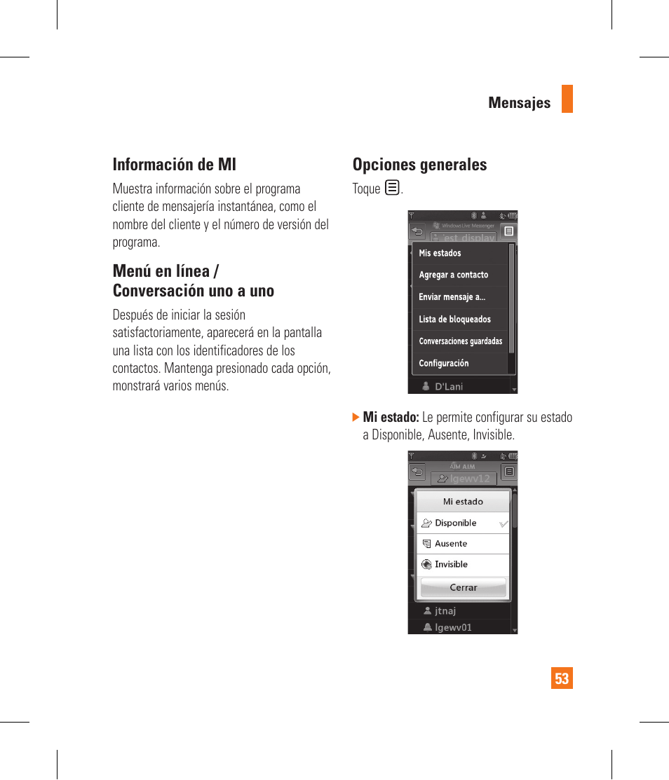 Información de mi, Menú en línea / conversación uno a uno, Opciones generales | LG GR500A User Manual | Page 201 / 298