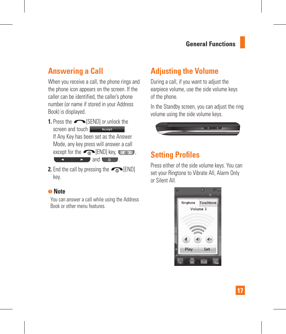 Answering a call, Adjusting the volume, Setting profi les | LG GR500A User Manual | Page 21 / 298